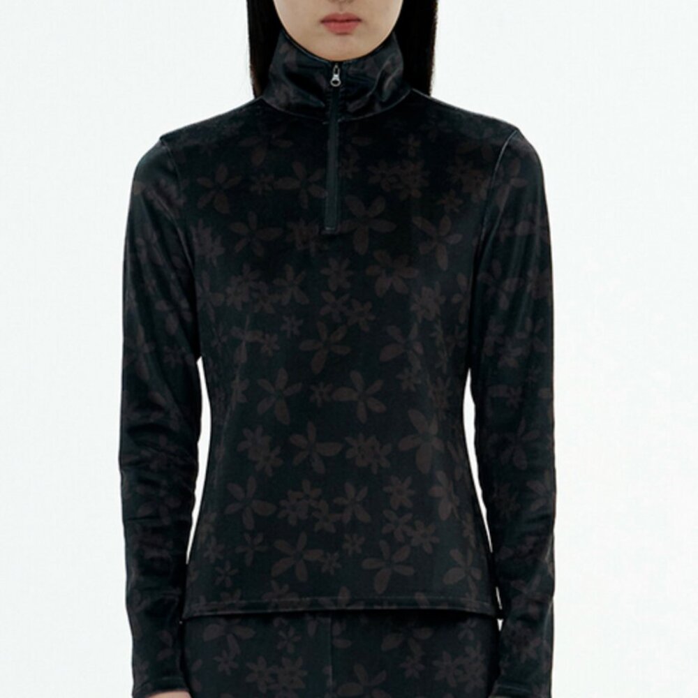 AMOMENTO Flora Print Velour Quarter Zip Up Long Sleeve Size S